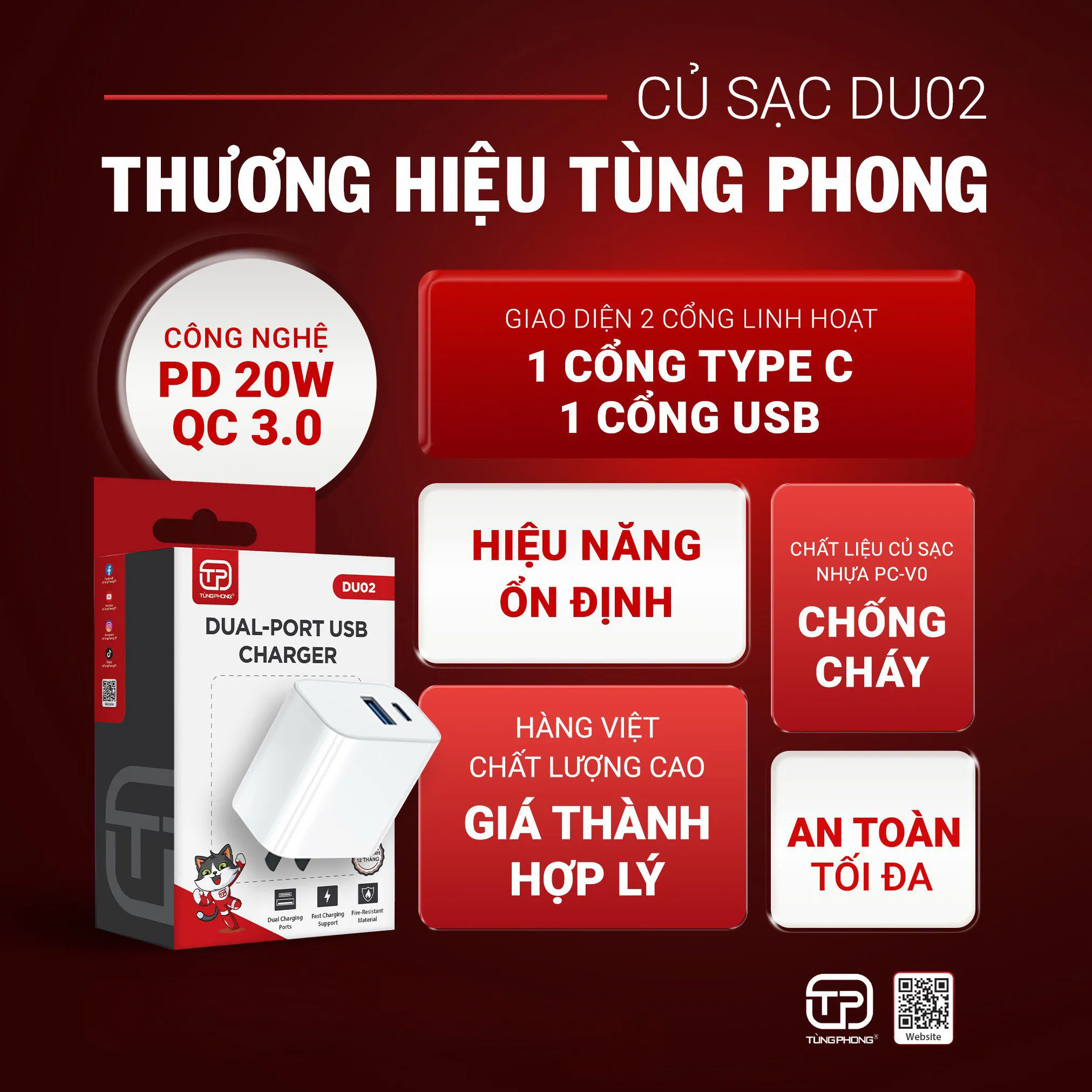 CỦ SẠC DU02 - HAI CỔNG SẠC USB-A, TYPE C 20W, ĐA NANG, AN TOÀN VƯỢT TRỘI
