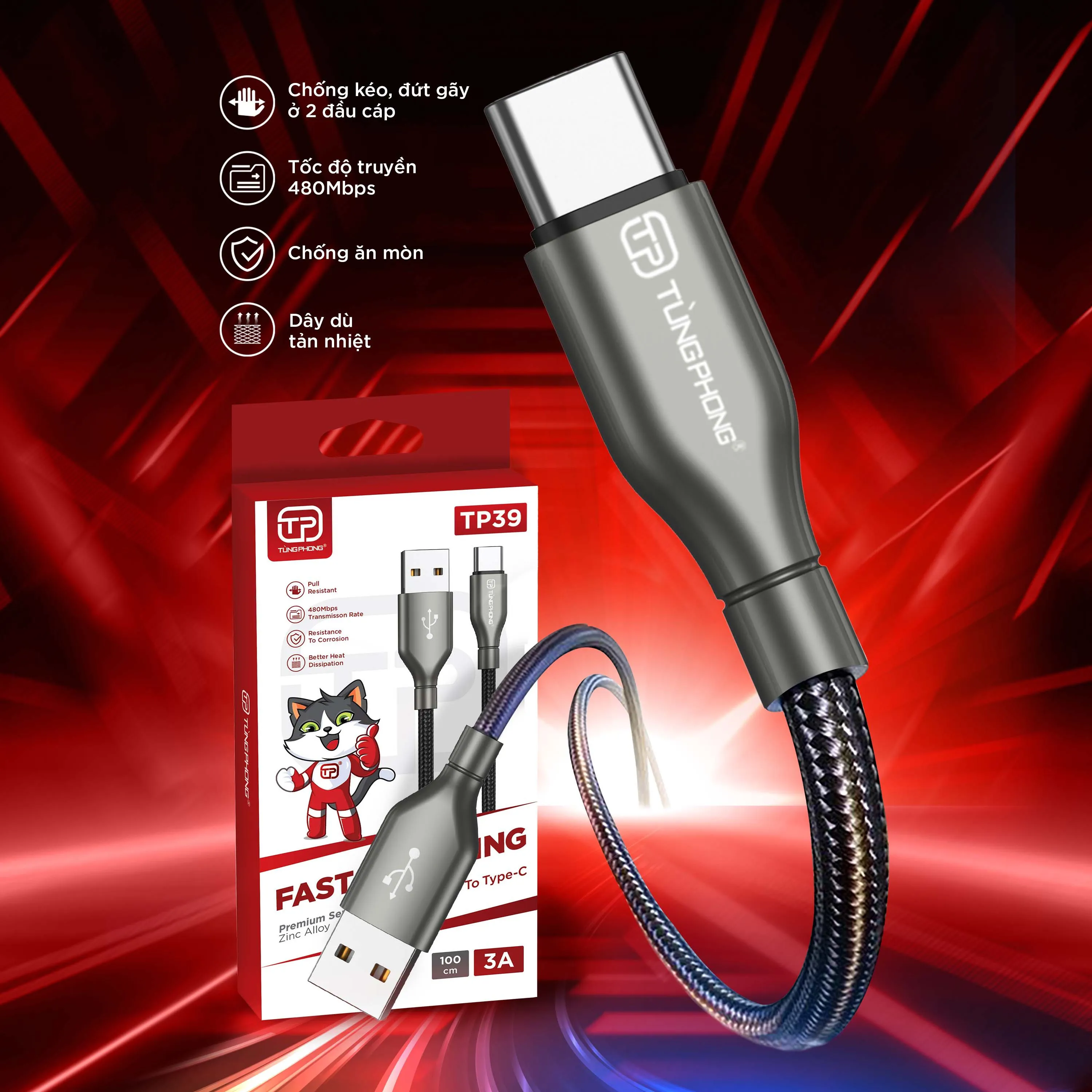 DÂY CÁP SẠC TP39. CỔNG USB-A TO USB-C. ĐẦU HỢP KIM KẼM CHỐNG GÃY