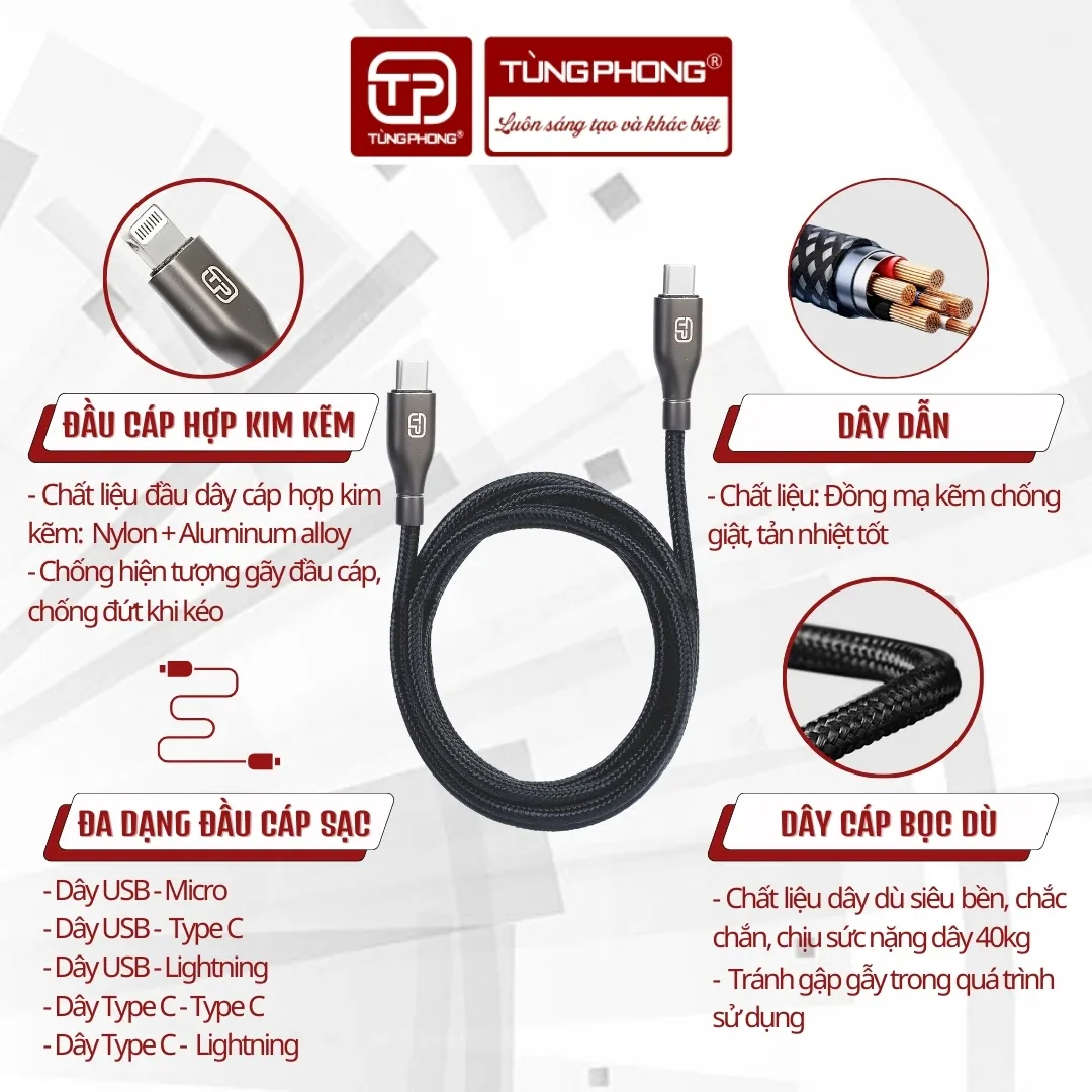 DÂY SẠC TP789. CHẤT LIỆU DÂY DÙ BỌC THÉP. HỖ TRỢ CÔNG SUẤT 27W