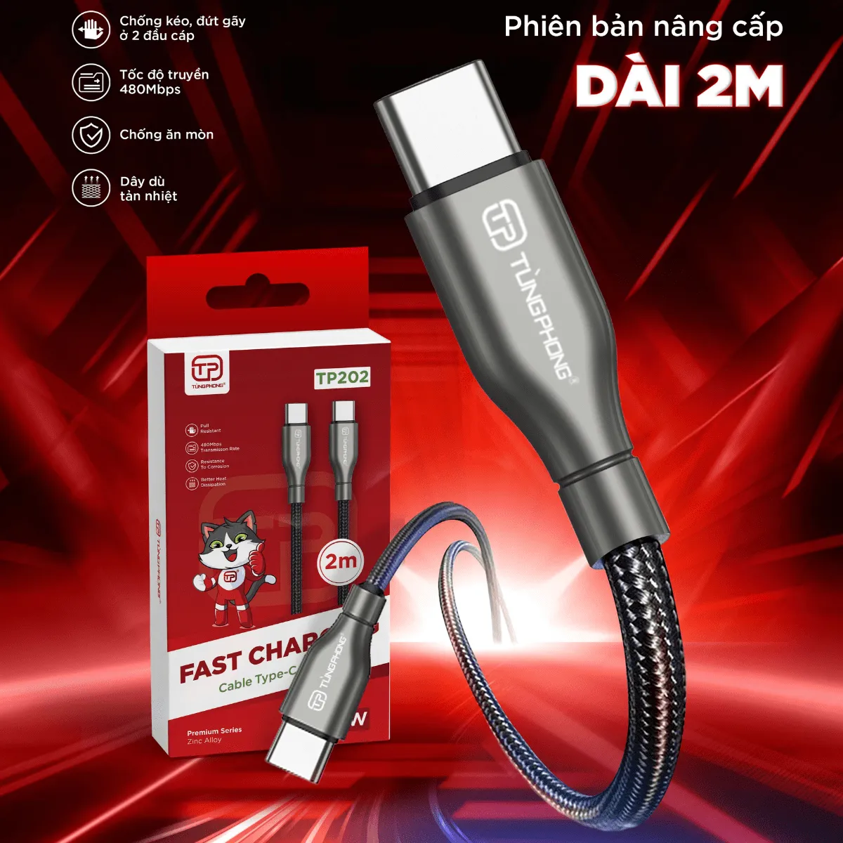 DÂY SẠC TP202 – CÁP DÙ CAO CẤP TYPE C–C 2M, PREMIUM SERIES