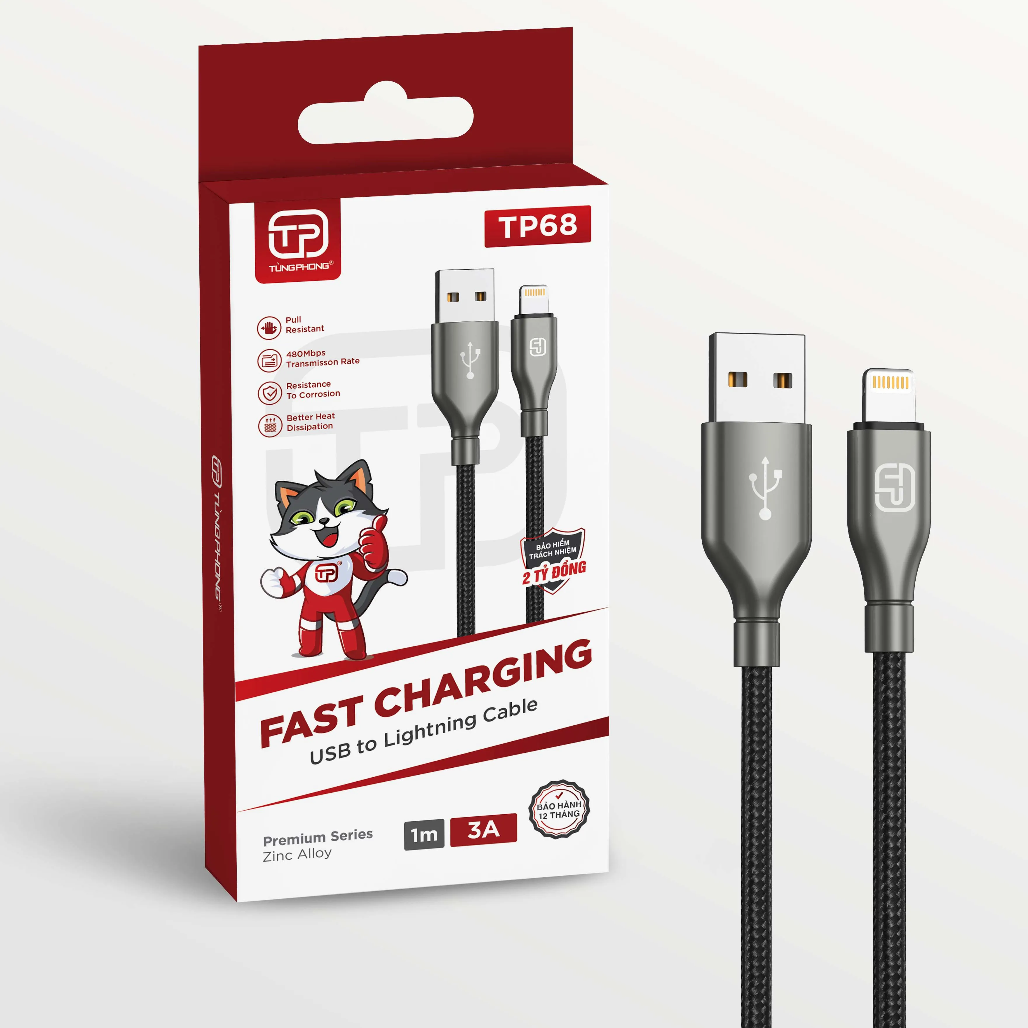 DÂY CÁP SẠC TP68. CỔNG USB-A TO LIGHTNING. ĐẦU HỢP KIM KẼM CHỐNG GÃY