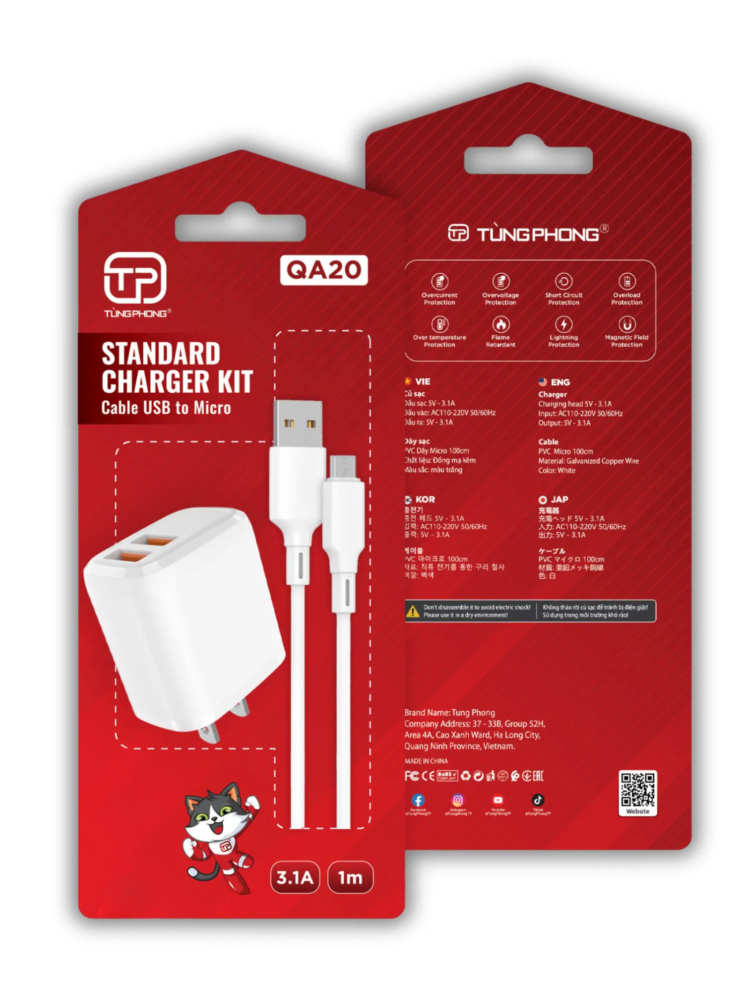 Bộ Sạc QA20 - Sạc Nhanh 3.1A, 2 Cổng USB, An Toàn