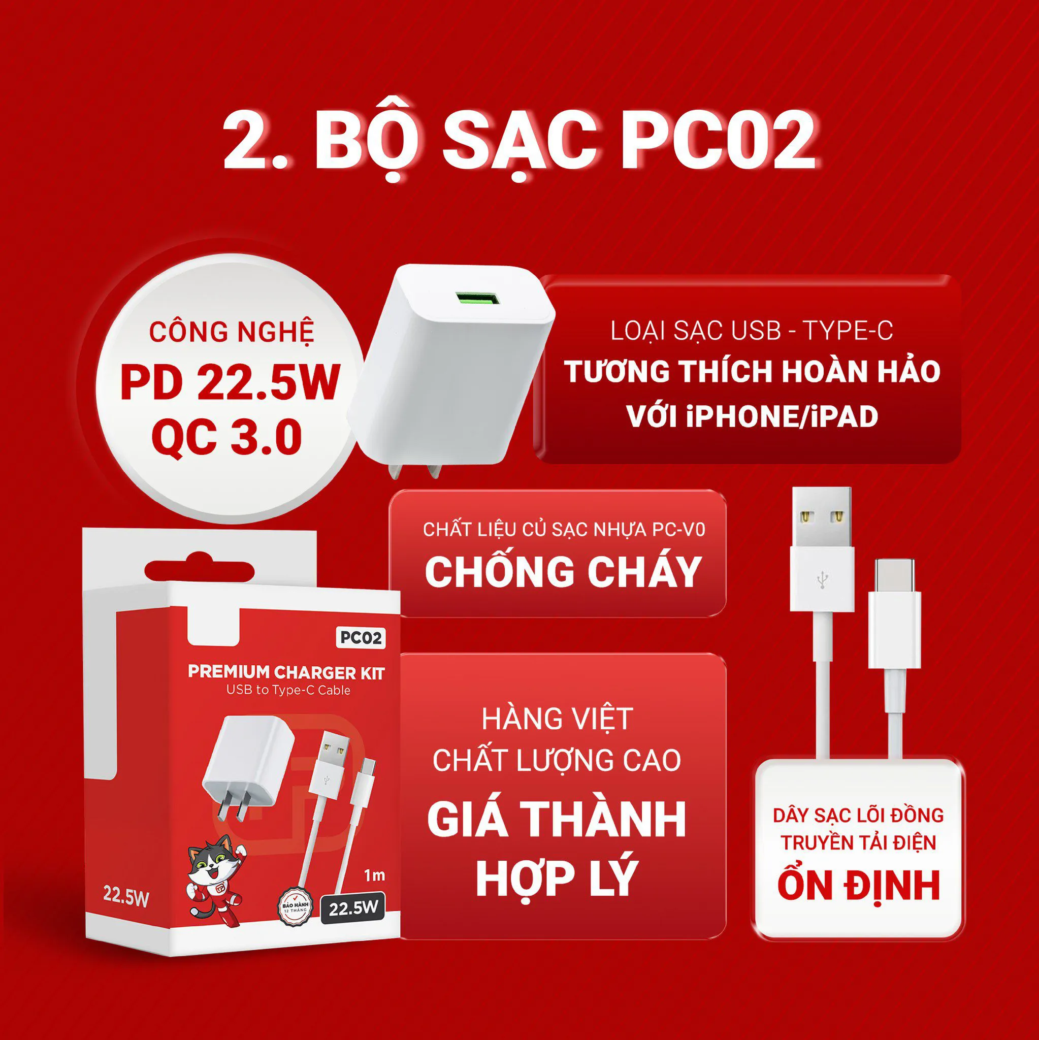 Bộ Sạc Nhanh PC02 Vỏ Nhựa Cao Cấp ABS