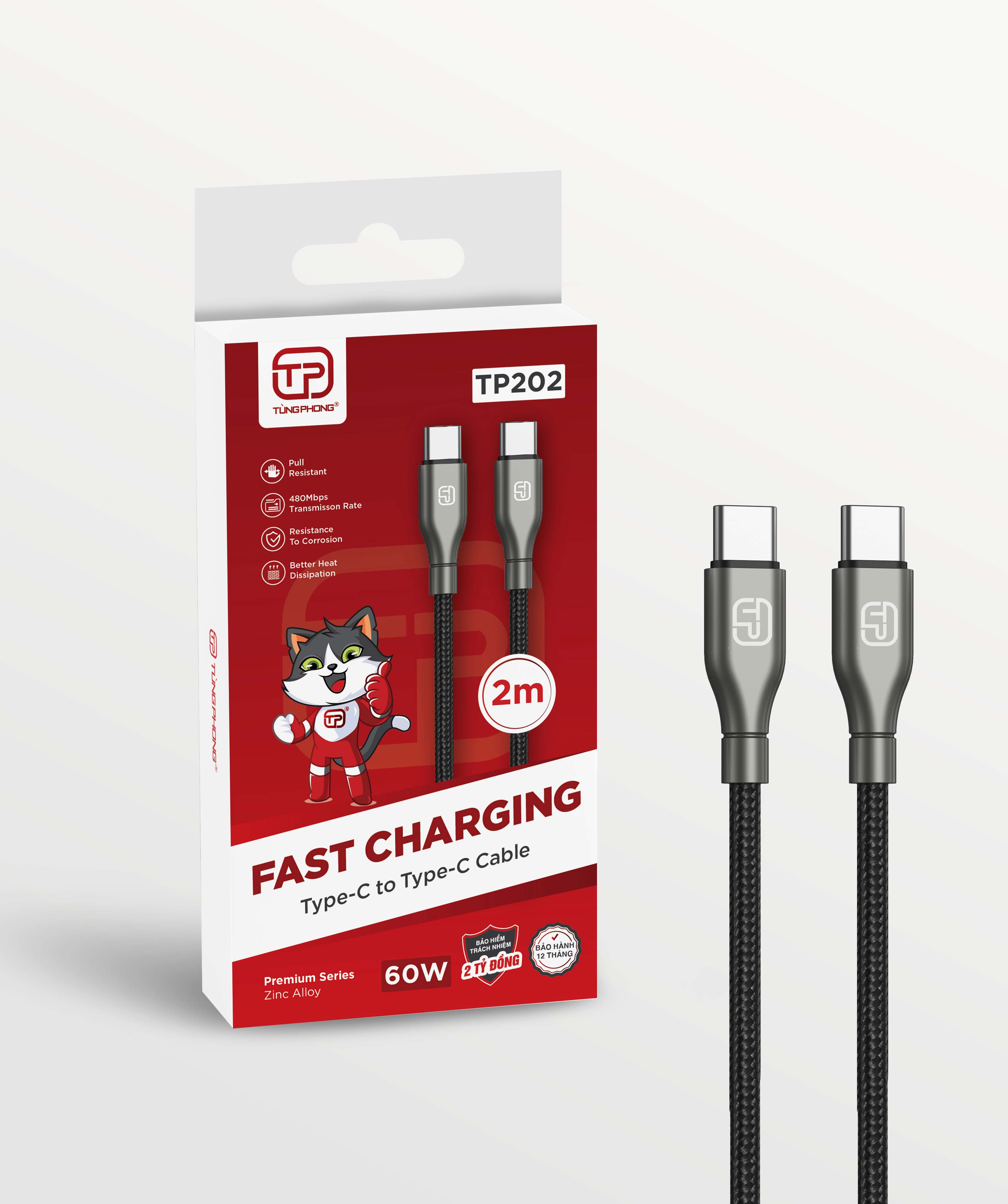 DÂY SẠC TP202 – CÁP DÙ CAO CẤP TYPE C–C 2M, PREMIUM SERIES