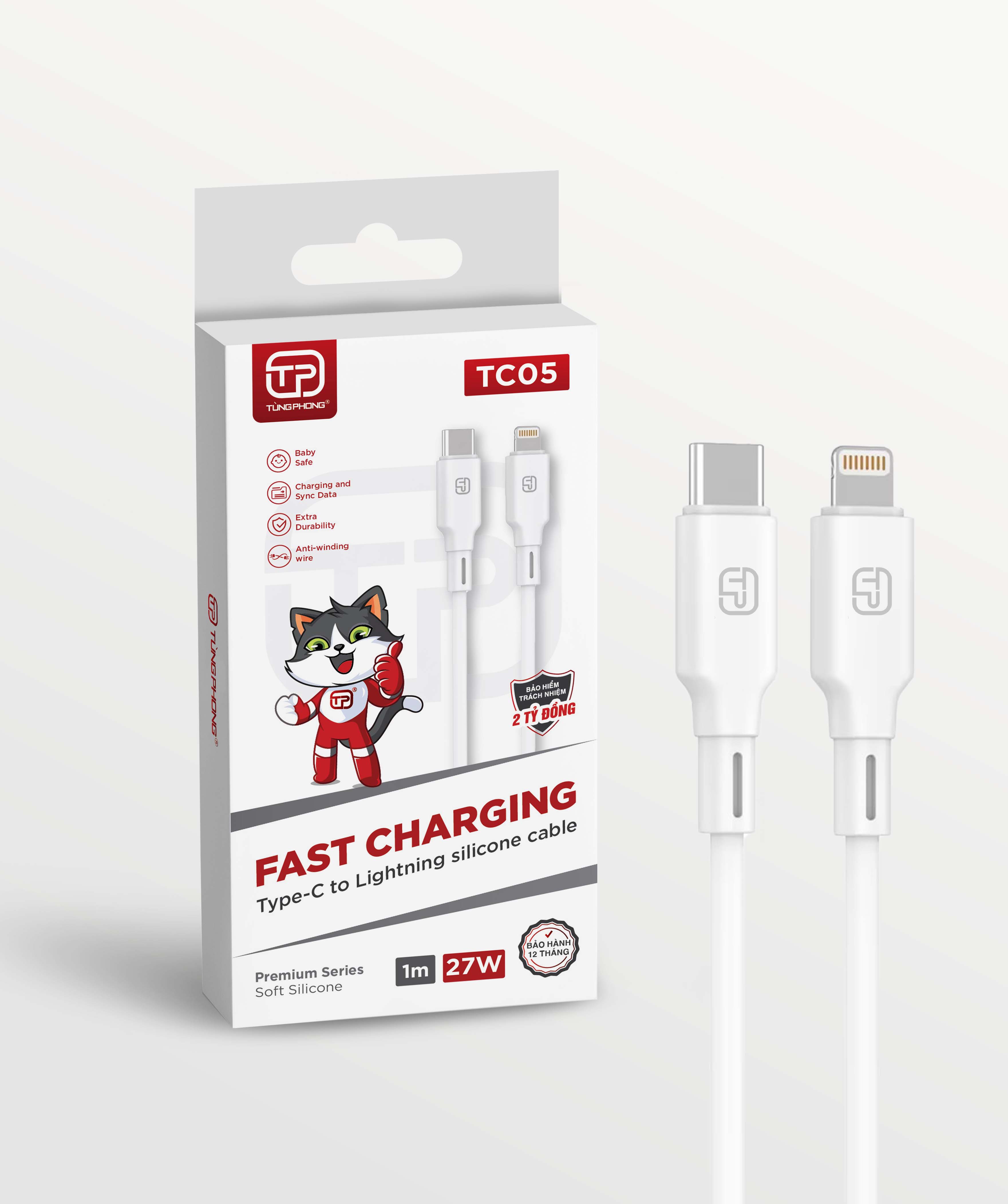 DÂY CÁP SẠC TC05 - CHẤT LIỆU SILICONE CHỐNG CHÁY. HỖ TRỢ CÔNG SUẤT TỚI 27W